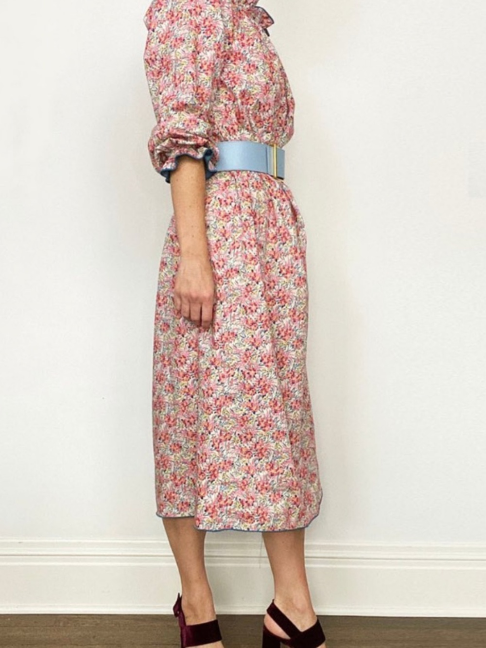 CASEY MARKS Blue Pink Floral Print 100% Cotton Dress Size Large EUC